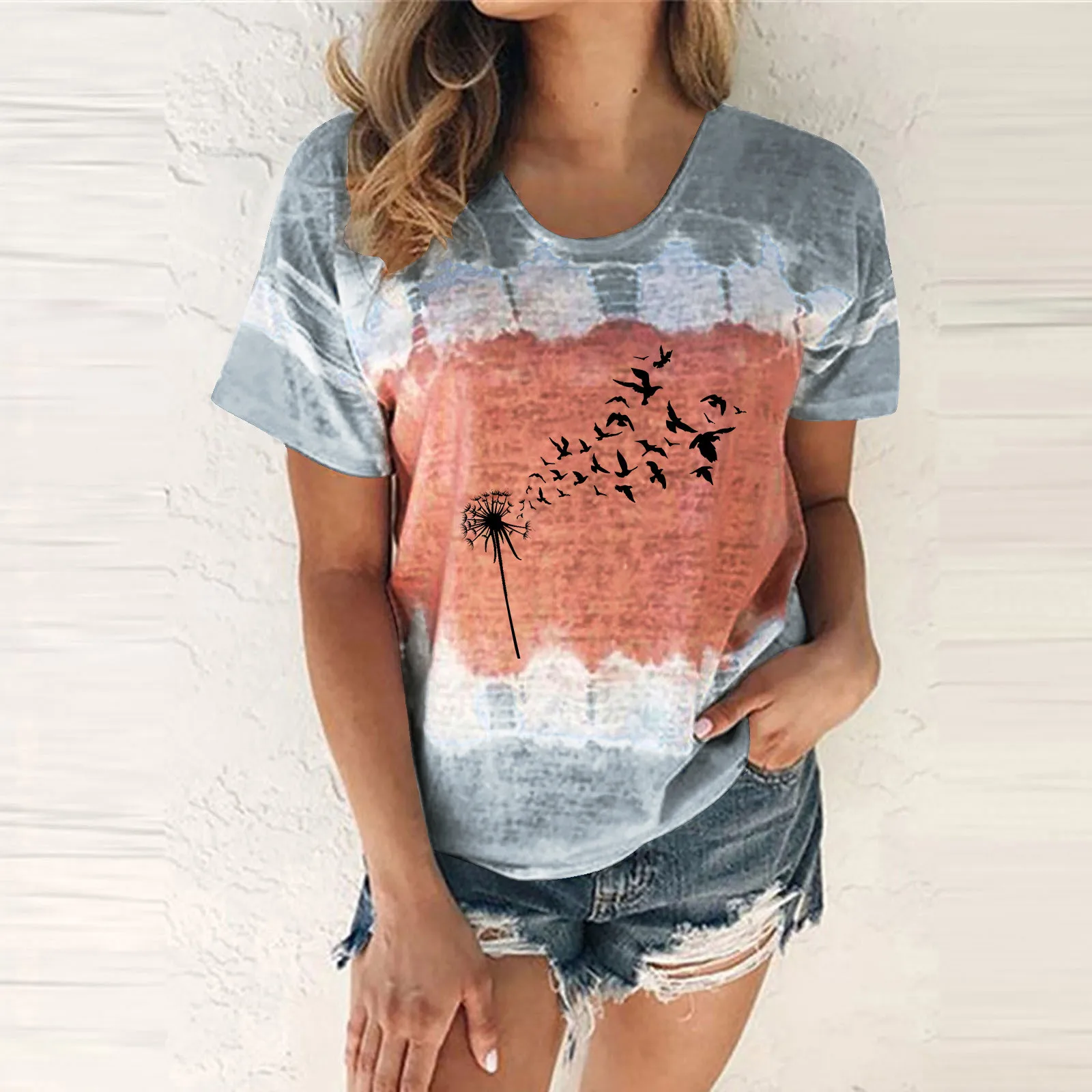 

Womens Casual Fashion DandelionPrinting Round Neck Short Sleeve T Shirt Blouse Women Loose Tops Summer Ladies T Shirts for Women