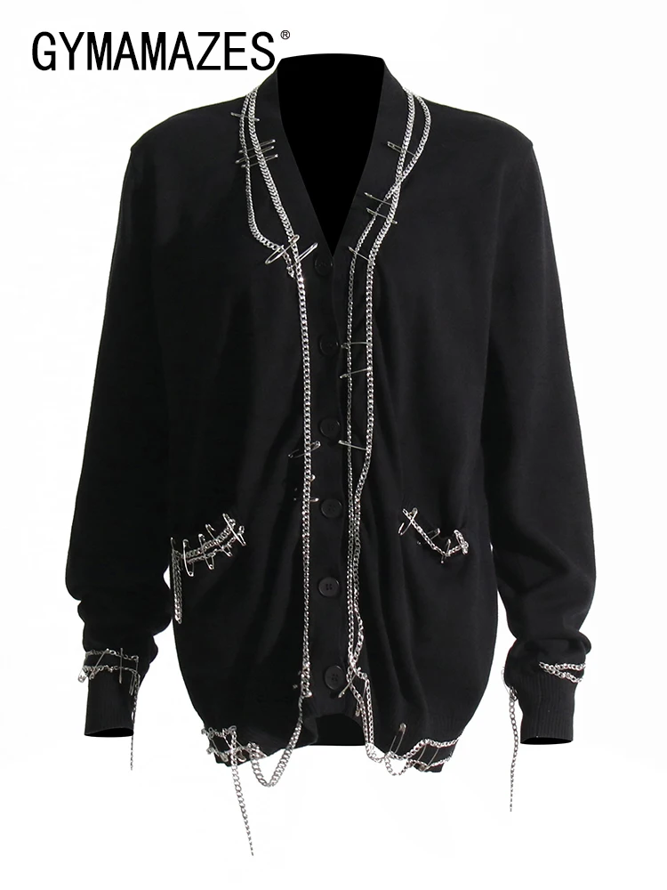 

Женский свитер с цепочкой GYMAMAZES, повседневный однобортный винтажный свитер с V-образным вырезом и длинным рукавом, одежда в стиле пэчворк