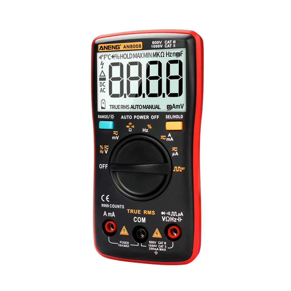 

ANENG AN8008 Multimeter Auto-ranging Tester Resistance Capacitance Detector Battery Operated Professional Gauge Red