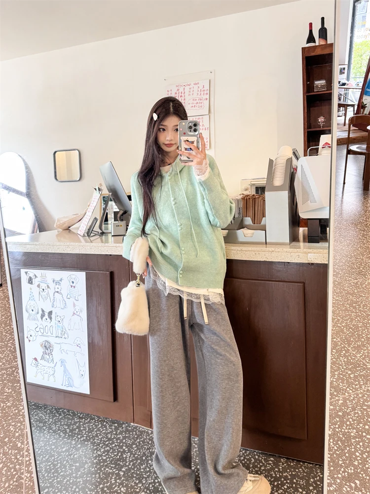Mint Green Sweater Women Autumn and Winter New Hood Over fit knit Idle Sle Small Pullover Top Outerwear