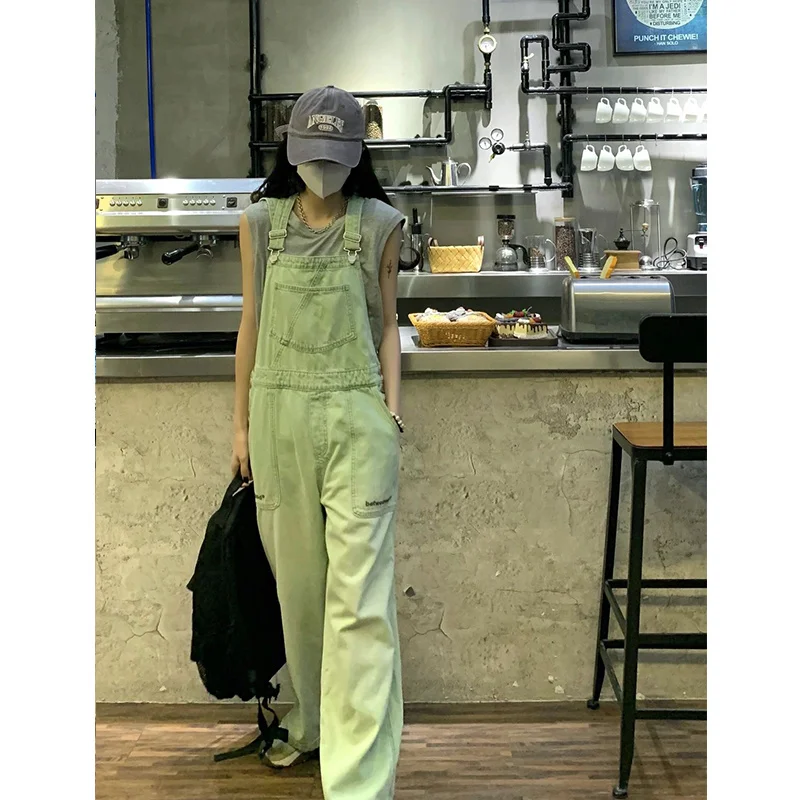

2023 Hot sale Womens Vintage Green Suspender Jeans Fashion Pocket Straight Wide Leg Pants Casual Baggy Mopping Denim Trouser Lad