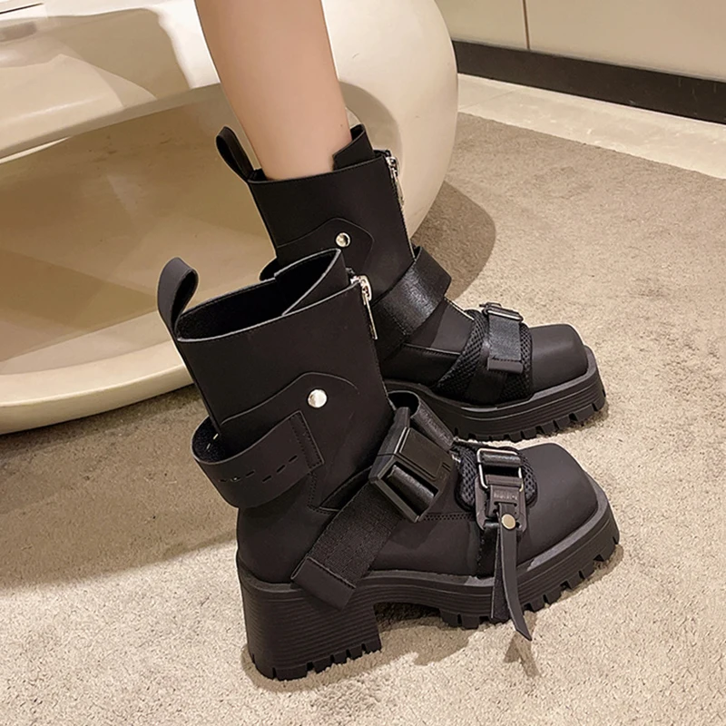 Internet Hot Short Autumn and Winter 2022 New Thick Bottom Chunky Heel Small Skinny Square Toe Women's Chelsea Boots