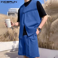 new men vests shorts suits casual streetwear incerun male solid all match comfortable sleeveless waistcoat two piece suits s 5xl