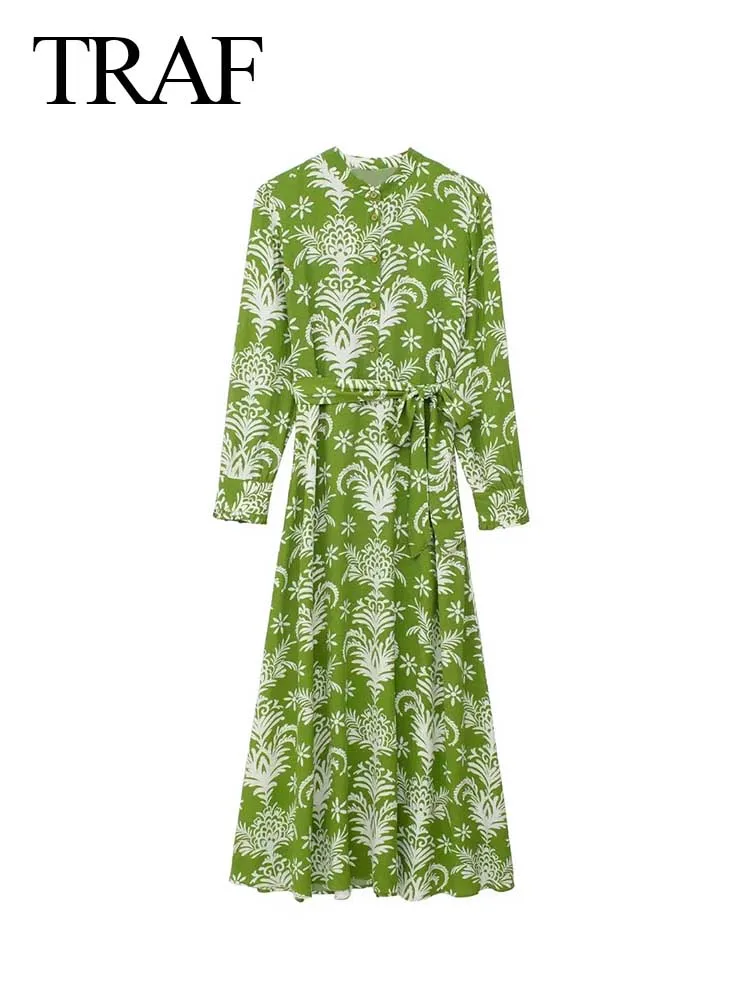 

TRAF ZA 2022 Ladies Long Sleeve Dress Botanical Print Lace Up Casual Stand Collar Long Dress Street Daily Casual Women's Top