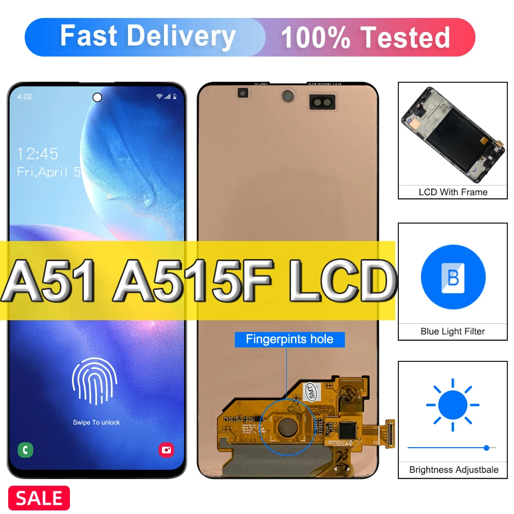 

100% Оригинальный ЖК-дисплей для Samsung Galaxy A51 SM-A515F/DSN, для Galaxy A515F SM-A515F/DST A515U дисплей на замену со сканером отпечатка пальца