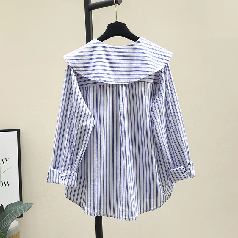 

SuperAen Blue Striped Peter Pan Collar Full Shirts Women's Summer 2022 New Loose Tops