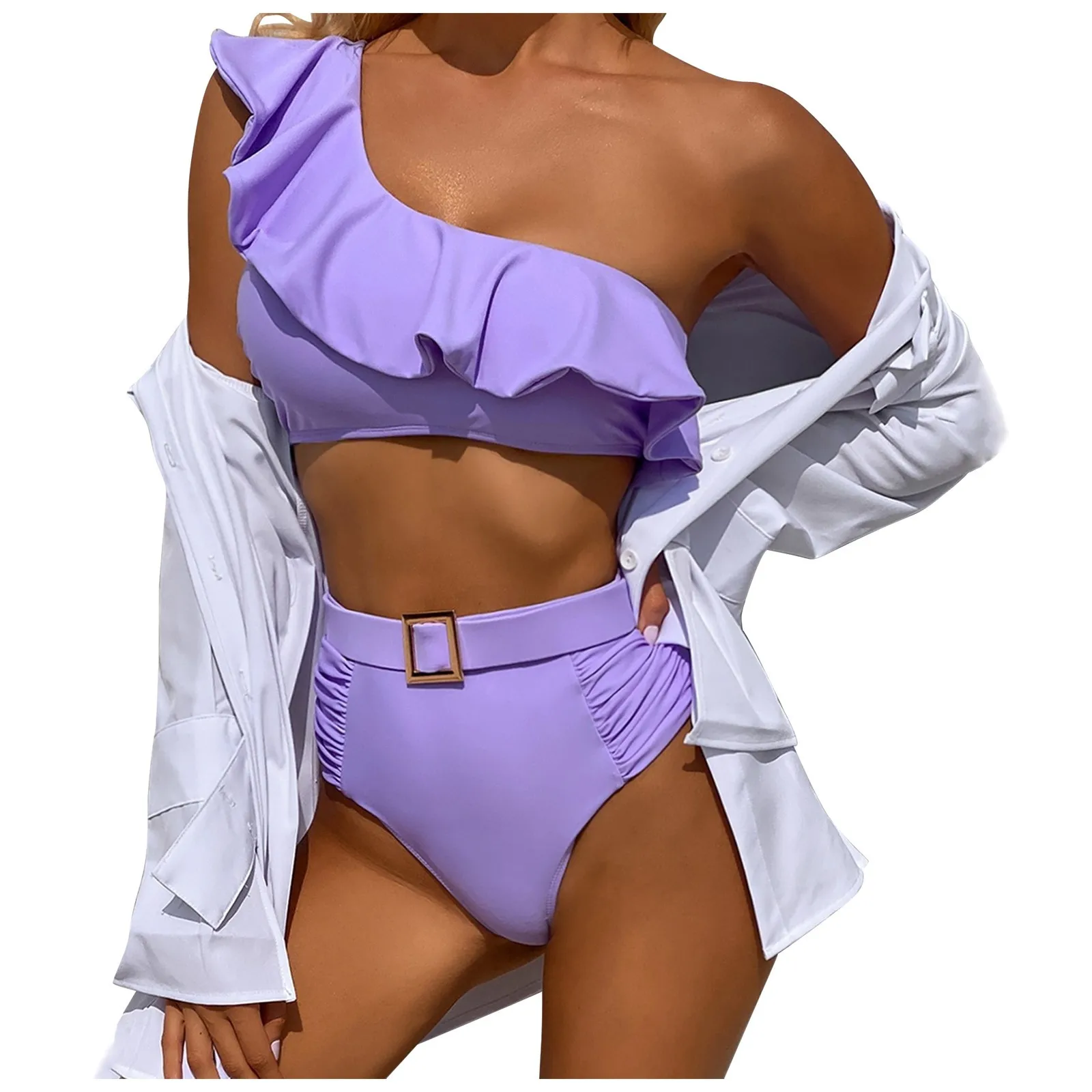 

Однотонная пляжная одежда из двух частей с оборками, женское бикини с высокой талией, купальник, однотонное бикини, трикотажное бикини