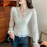 synthetic fiber thin chiffon shirts lace solid slim pullovers elegant fashion womens clothing intellectual spring autumn trend