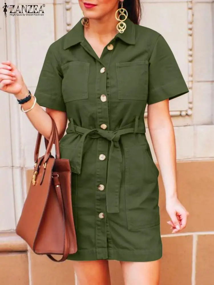 

ZANZEA Fashion Cargo Dresses Women Summer Sundress Femme Short Sleeve Belted Robe Lapel Neck Casual Short Vestidos Pockets Dress