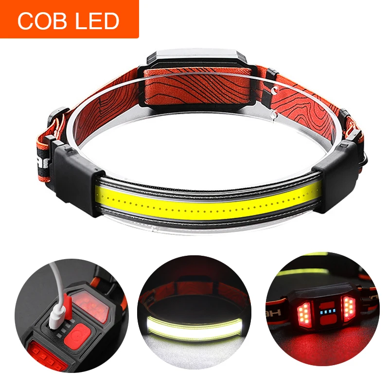 

COB LED Headlamps USB Rechargeable Head Torch Light Work Light 3 Modes Red Warning Strobe Riding Headlamp fishing Camping Light