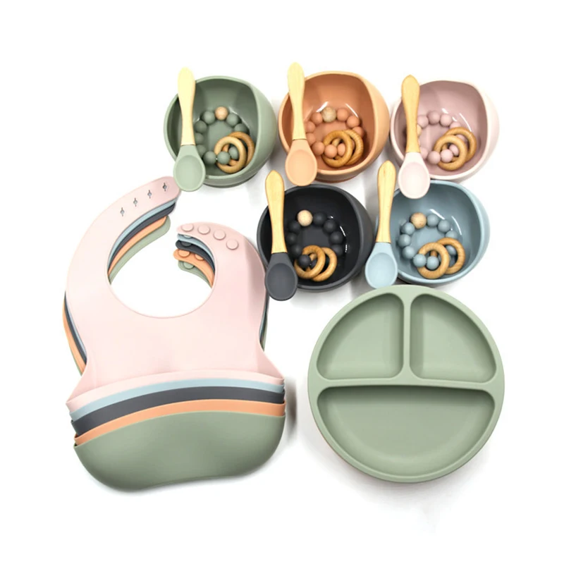 

5PC Silicone Tableware Bib Bowl Spoon Non-Slip Feeding Stuff Waterproof Learning Adjustable Baby Bib