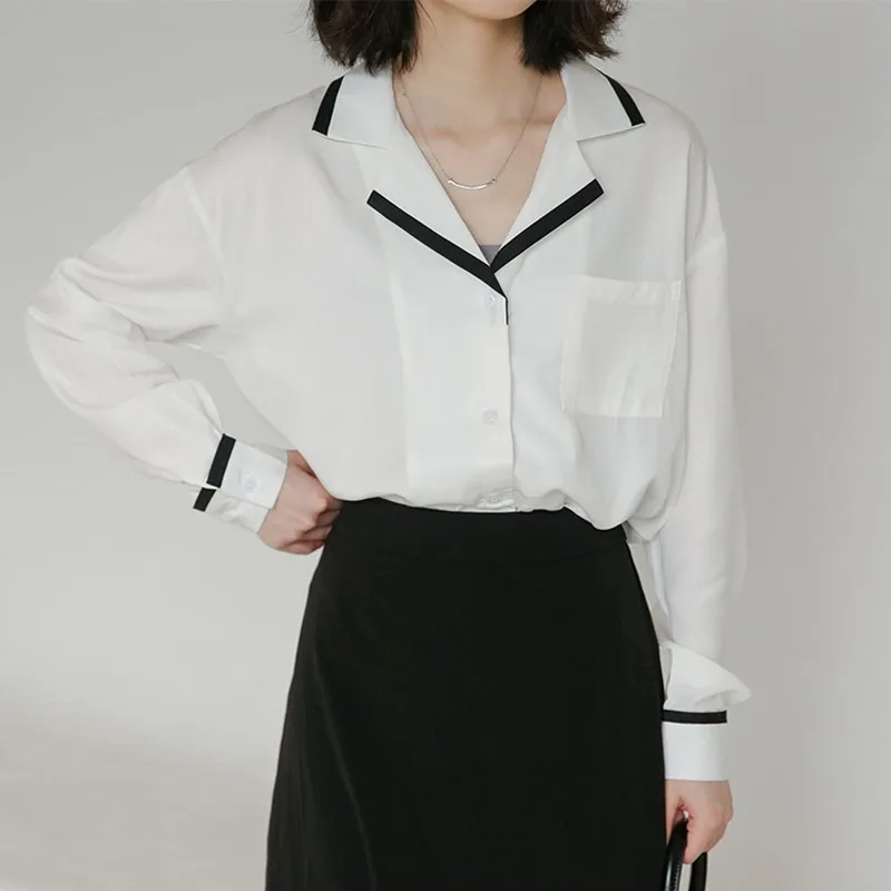 

2021 Women Sweet Turn-down Collar Shirts Long Sleeve Patchwork T-shirt Korean Elegant Tshirts Woman New Autumn Casual Tops