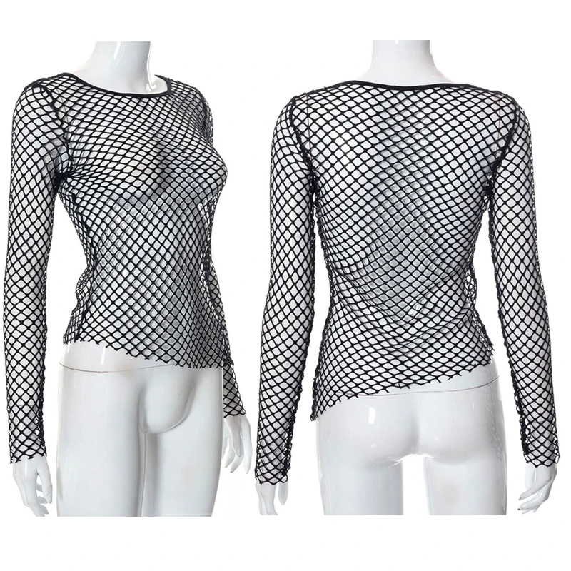 

Women Summer Sexy See Through Mesh Net Long Sleeve T-Shirt Hollow Out Fishnet Irregular Diagonal Hem Pullover Top Blouse Cover U