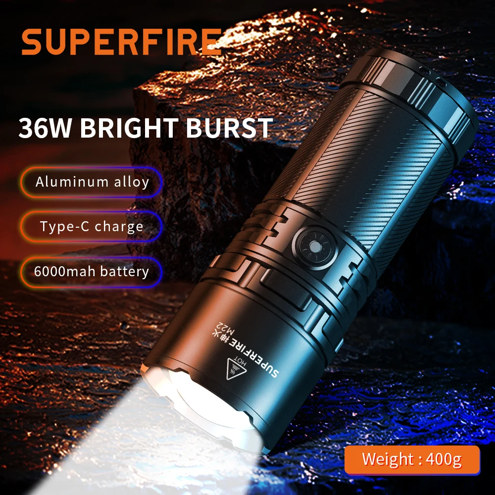 

SuperFire 400M powerful long range flashlight 36W led lamps M22 Telescopic Zoom torch Type-c rechargeable 8000mAh Battery