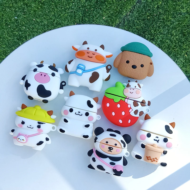 

Cartoon Cute Cow Bear 3D Case For AirPods 1 2 Pro Strawberry Animal Soft Silicone Wireless Bluetooth Earphone Protective Cover