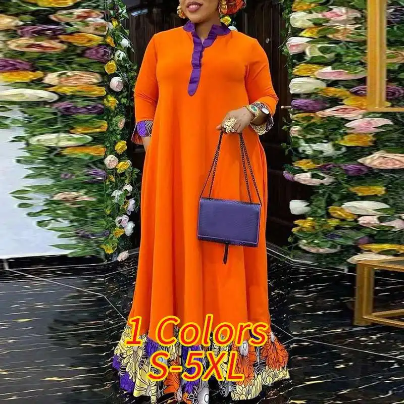 

Summer 3/4 Sleeve Patchwork Hem Dress VONDA Women Retro Floral Print Pleated Dresses A-Lined Vestidos Female Orange Color Robes