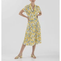 2022 summer dress for women niche small lapel yellow sunflower tie belt printed dress high quality elegant floral robe oem fact