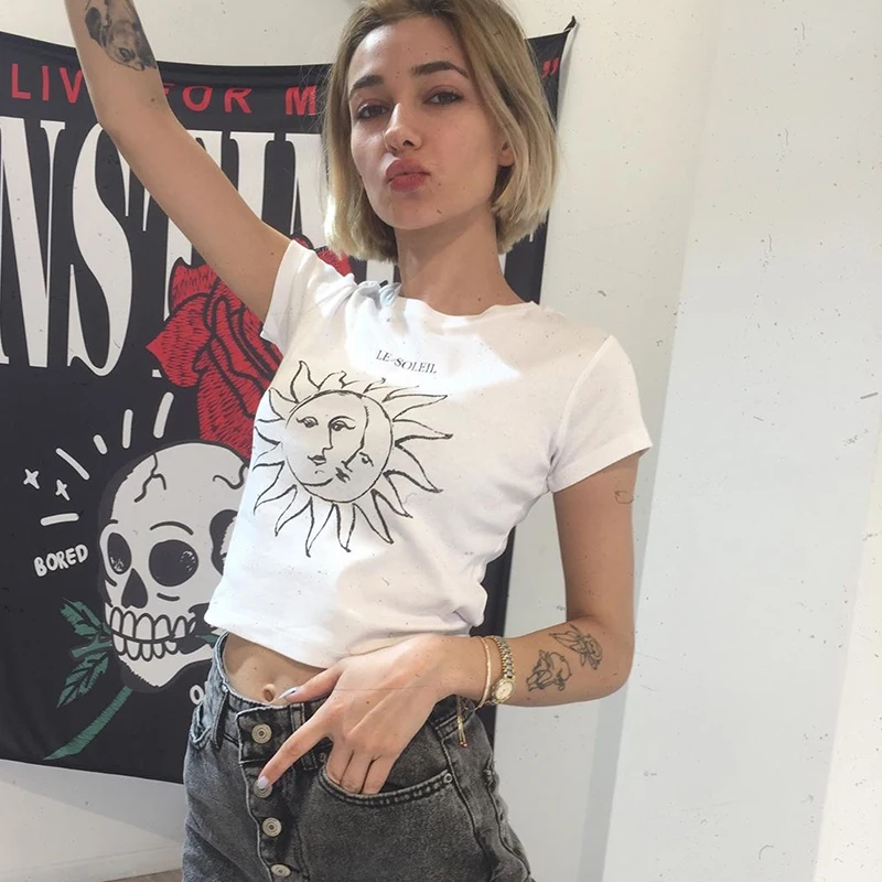 

90s vintage sun moon print short-sleeved T-shirt women streetwear summer punk y2k aesthetic crop top Harajuku basic Tee slim