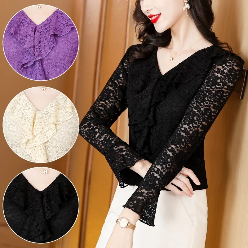 Новинка 2024 женский кружевной топ рубашка Sweetlace маленькая возрастная с v-образным