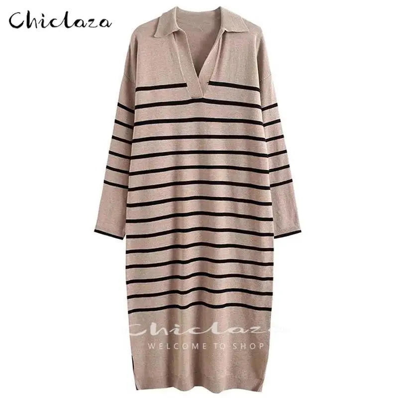 

CHICLAZA 2022 Autumn Winter Women England Style Fashion Simple Striped Loose Dress Female V-Neck Knitted Midi Dresses