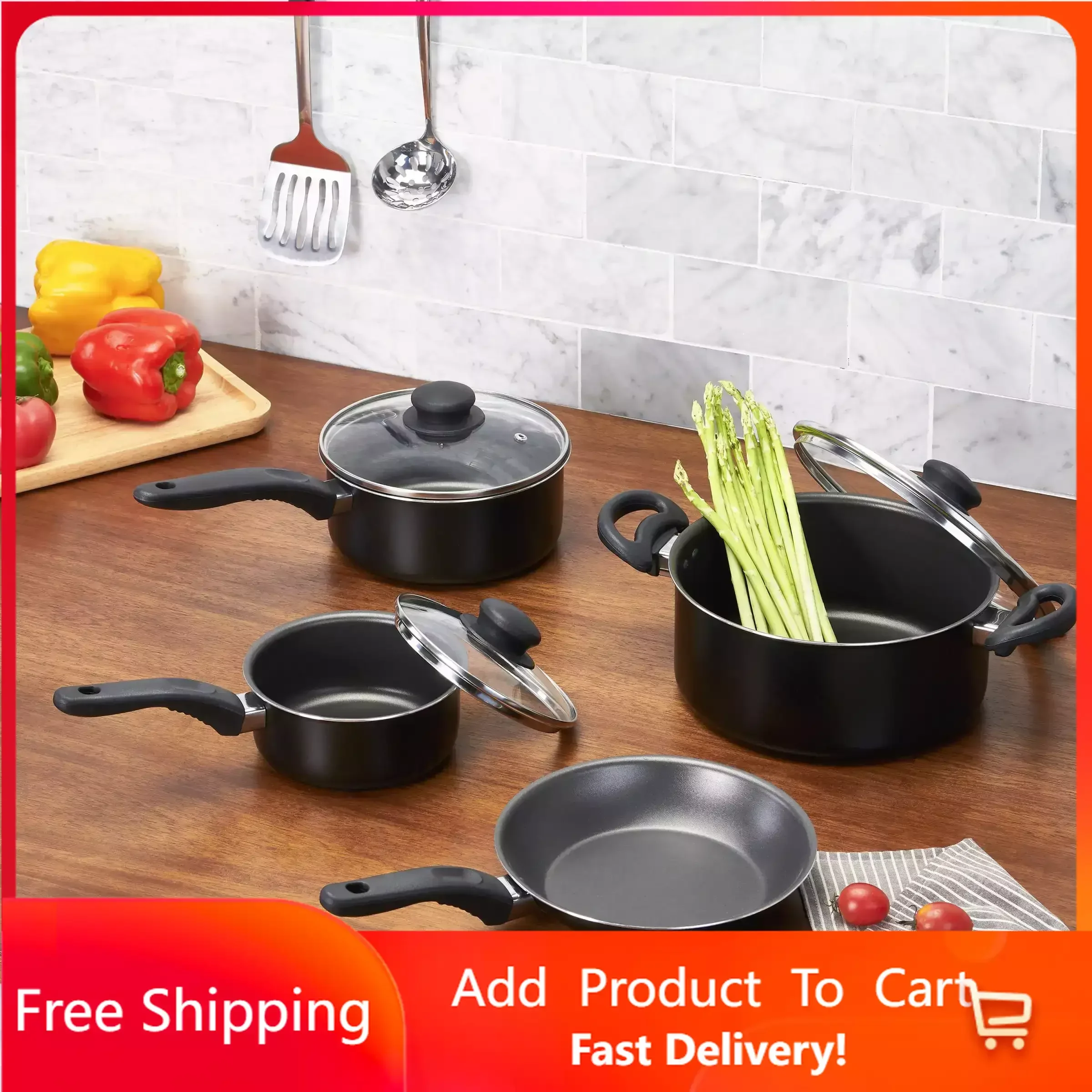 

7 Piece Nonstick Cookware Set, Black Cooking Pots Set Free Shipping