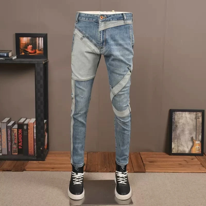 Fashion Designer Men Jeans Retro Blue Stretch Slim Fit Spliced Ripped Jeans Men Elastic Trousers Streetwear Hip Hop Pants Hombre