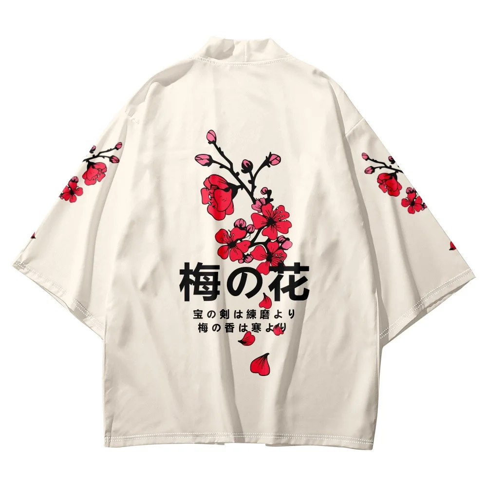 

2023 Japanese Men Kimono Plum Blossom Print Cardigan Haori Yukata Men Samurai Costume Clothing Jacket Kimono And Shorts Set