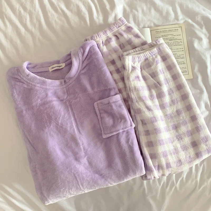 Free Shipping Winter Fashion Women's Casual Lovely Solid Warm Soft Sleepwear Nightgow Loose Pajamas With Pants Flannel Pullover