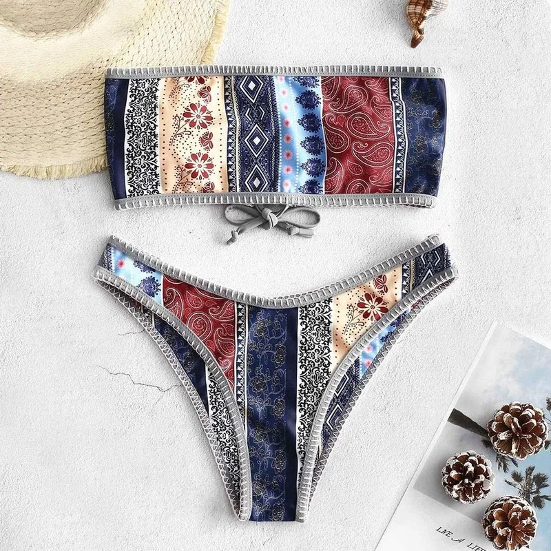 

2022 Sexy Women Strapless Ribbed High Cut Bandeau Bikini Set