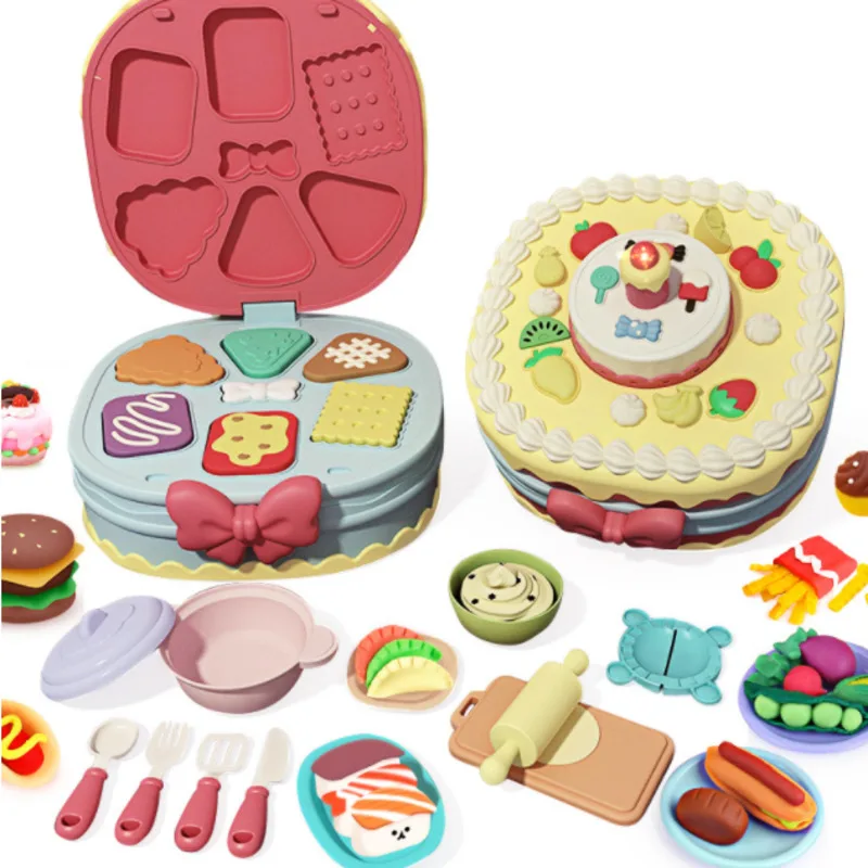 

Children's Play House Colorful Mud Cake Toys Sound And Light Hamburger Plasticine Mold Ultra Light Clay Suit Toy Gifts For Kids