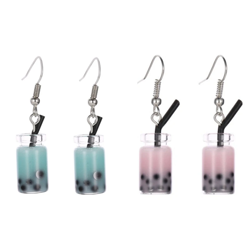 

2pair Pearl Milk Tea Earrings Taiwan Boba Bubble Tea Funny Dangle Earrings for Women ,Blue & Pink