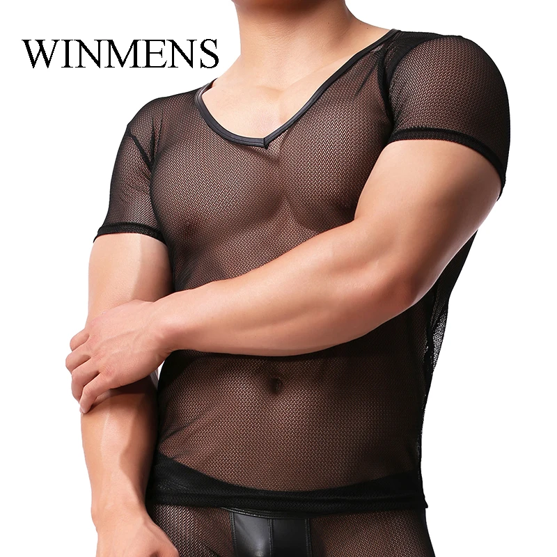 Men's Undershirt Black Mesh See Through Man Short Sleeve Cut-outs Breathable Sissy Sexy Tops V-neck Fitness Bodybuilding Shirts