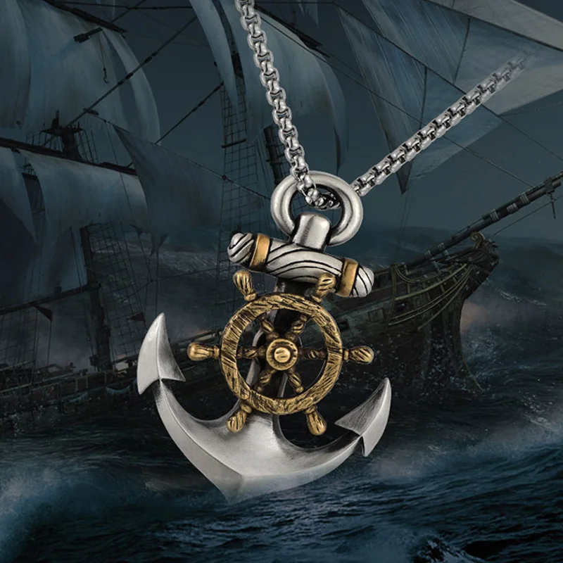

Men's Stainless Steel Vintage Necklace Navy Pirate Anchor Pendant Rotating Boat Rudder Punk Gothic Jewelry Gift Wholesale