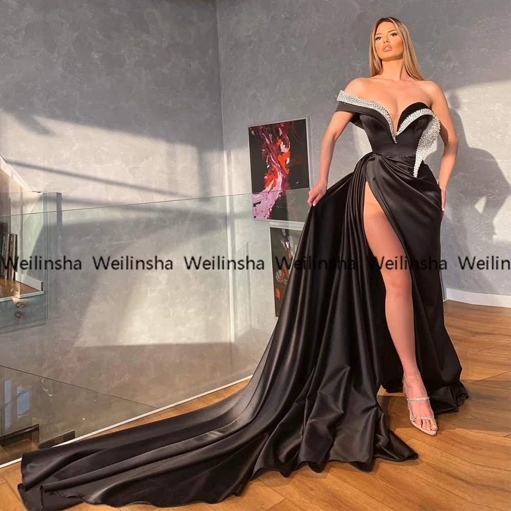 Asymmetrical  Black V Neck Evening Dresses Off The Shoulder Sweep Train 2022 Beading Women Dress fior Party Chic Robes De Soirée