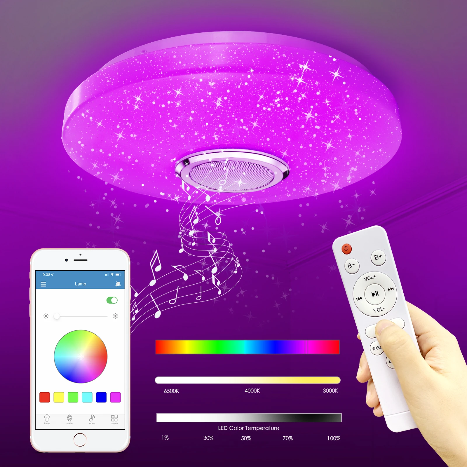 Kiidux Bluetooth Music Led Ceiling Lamp RGB Color Switch Speaker Remote Control APP Night Light Energy Conservation for All Room