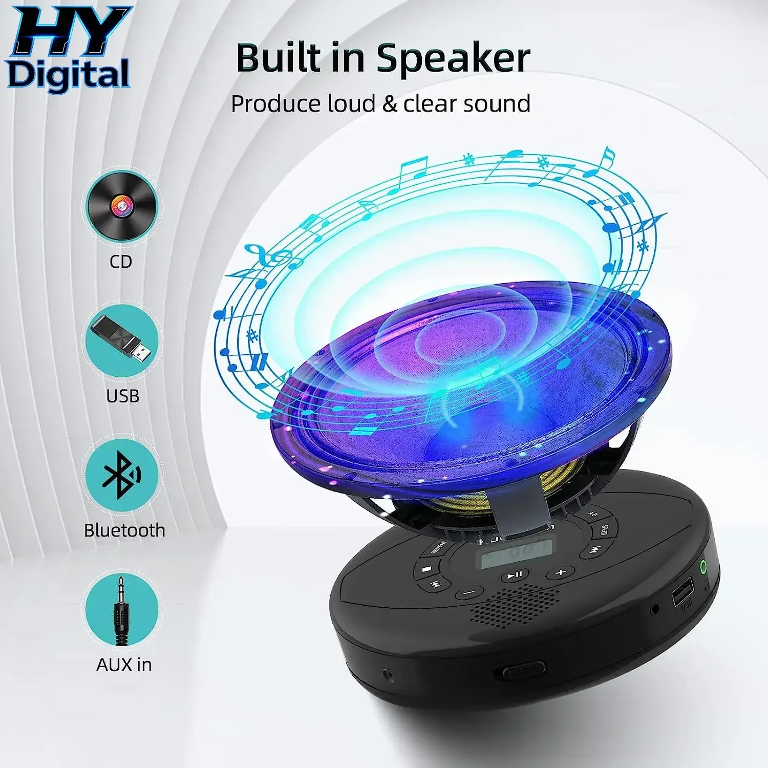 Фото Цифровой CD-плеер HY с Bluetooth, портативный проигрыватель CD/Discman со встроенными динамиками, перезаряжаемый музыкальный проигрыватель с портами USB/AUX/для наушников №2