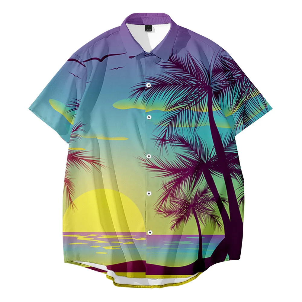2021 Summer Short-Sleeved Shirt Plus Size Hawaiian Coconut Sunset Print Shirt Men's Top Shirt Casual Beach Shirts Oversize Tops