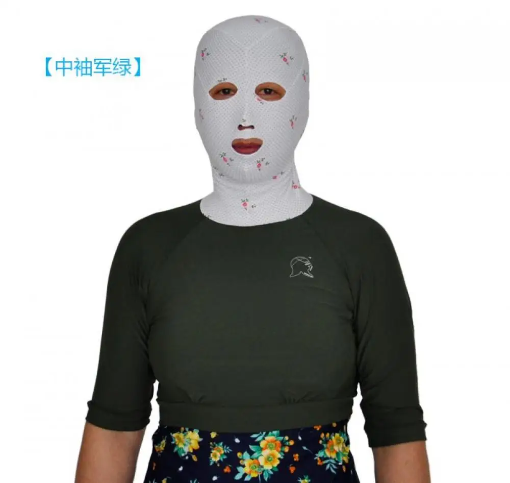 Woman Sun Block Swimming Top With Cap Gloves Set Jellyfish Prevented Facekini Shirt Unisex Sunscreen Mid-Sleeves Crop Top images - 6