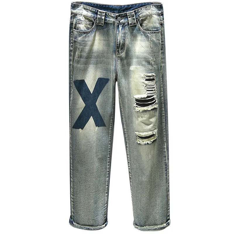 New Style Printed Embroidered Four Seasons Jeans Men's Wide Leg Pants With Holes Fashion Patch Men Loose Large Straight Pants