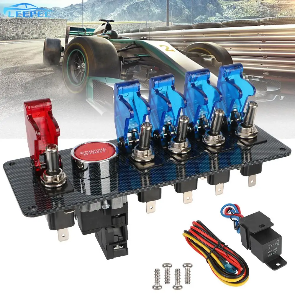 

Auto LED Toggle Ignition Switch Panel Racing Car Engine Switch 4 Blue & 1 Red 12V Start On/Off Push Set Kit