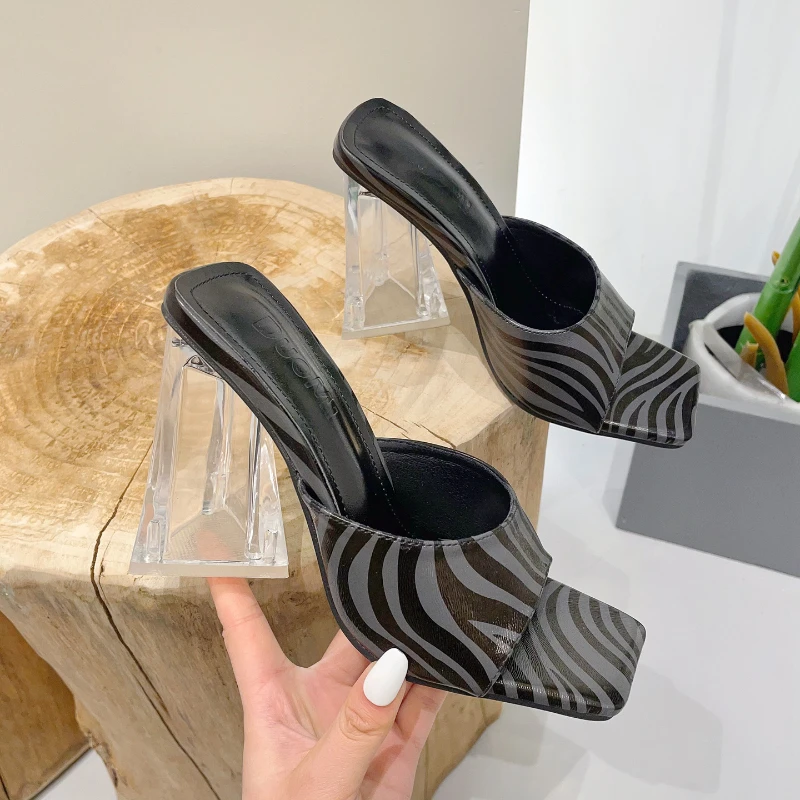 

High-heeled Sandals and Slippers 2022 New Summer Models Casual Simple Crystal Heel Open-toe Fashionable Zebra Striped Slippers