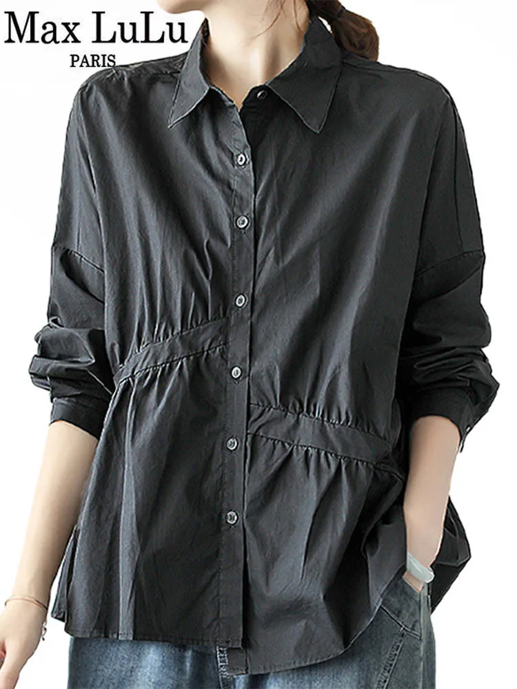 Женская блузка на пуговицах Max LuLu черная Свободная рубашка в британском стиле