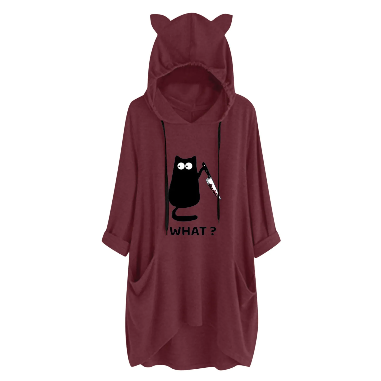 

Fleece Hoodies Women Pockets Drawstring Cute Print Big Size Long Hooded Cat Fleece Sweatshirt Women Womens Sweatshirts Hoodies