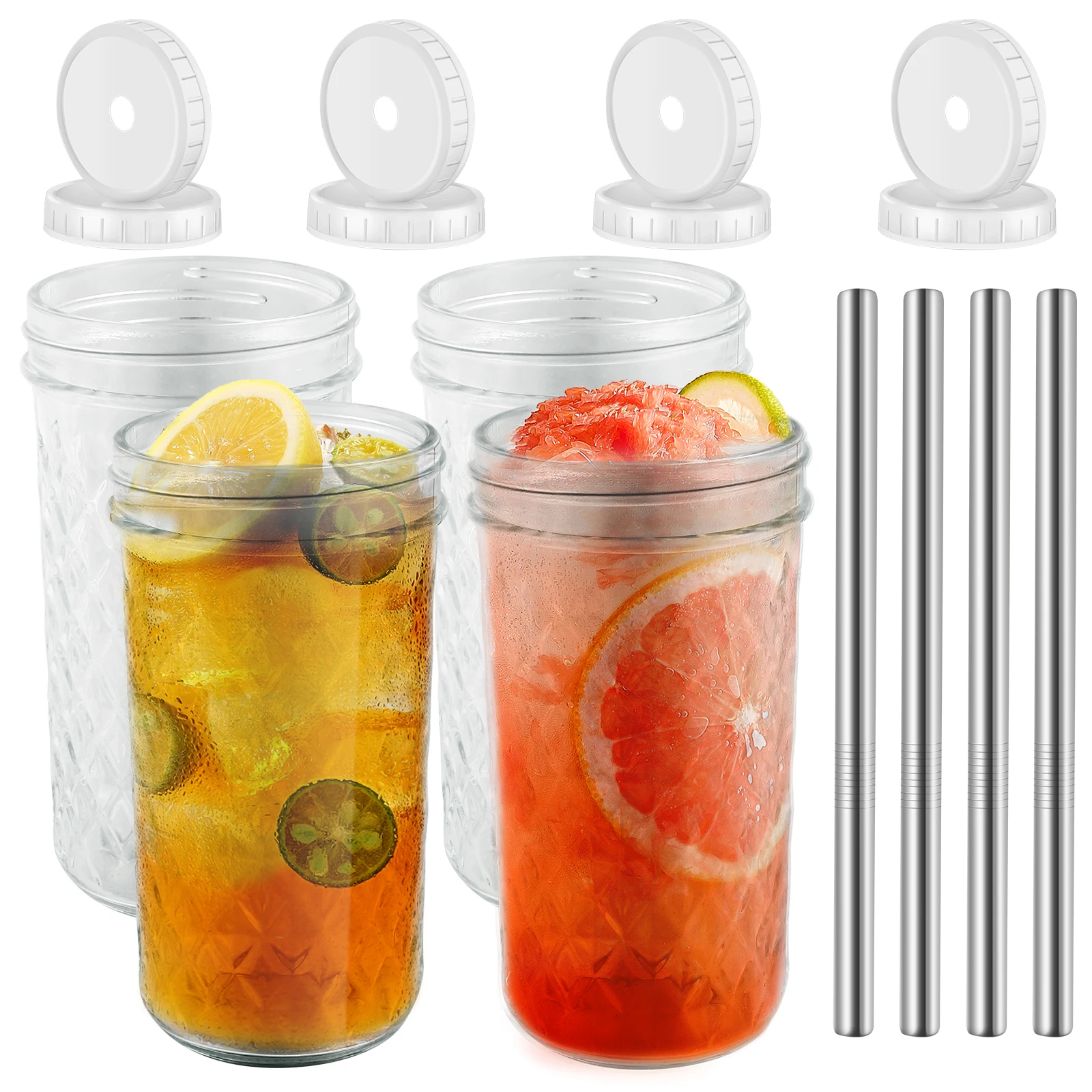 

4 Pack Boba Cups with 8 Lid and 4 Straw Wide Mouth Glass Tumbler Can with Cleaning Brush Reusable Smoothie Tumbler Bottle