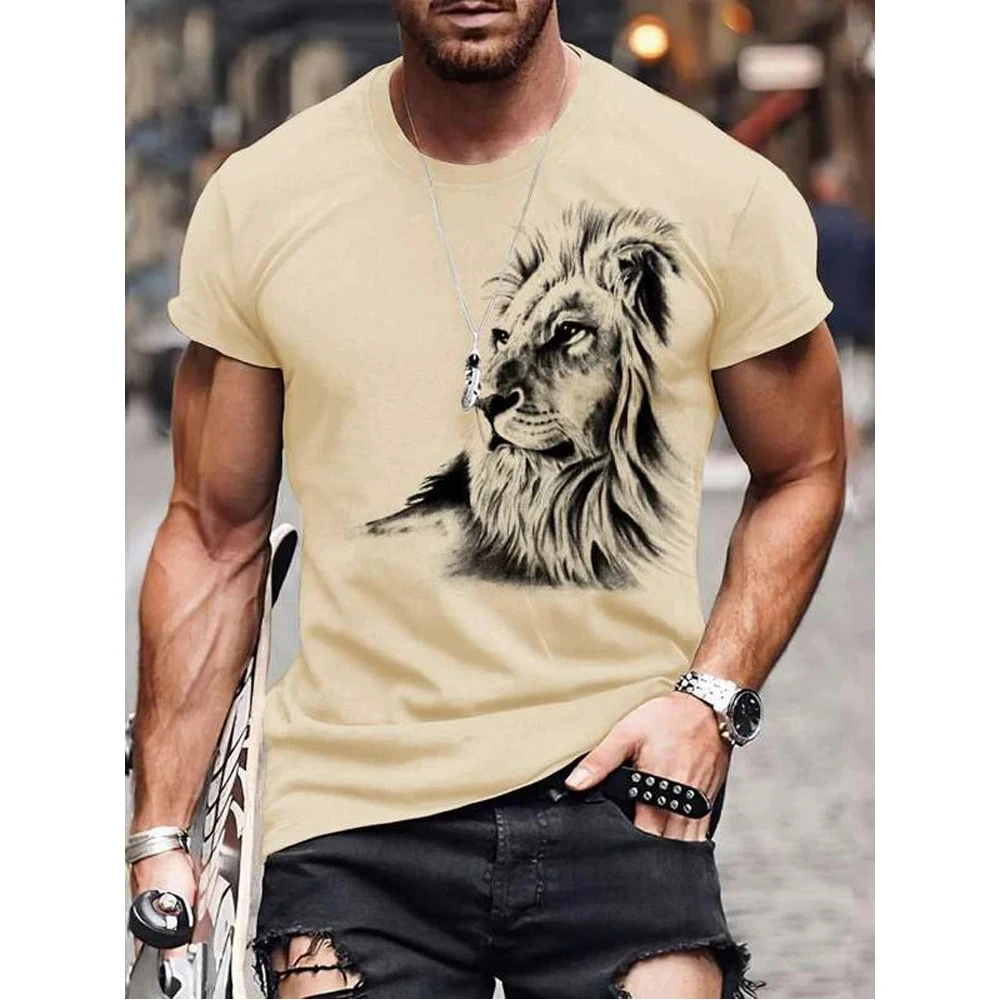 

Vintage Men's T-Shirt For Men Lion Print Short Sleeve Casual O-Neck Tops Summer Fashion Pullover Shirt Oversized Men's Clothing