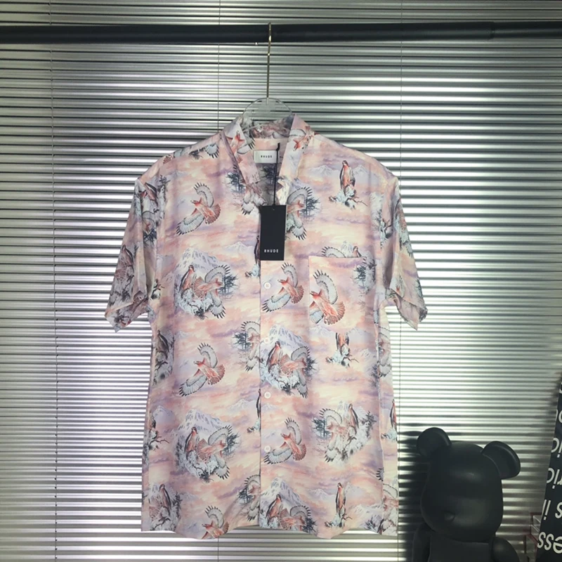 

New Spring Rhude Men Bird Print Short Sleeve Shirts Top Tee British Style High Quality Hawaiian Style Hip Hop Fashion Shirts