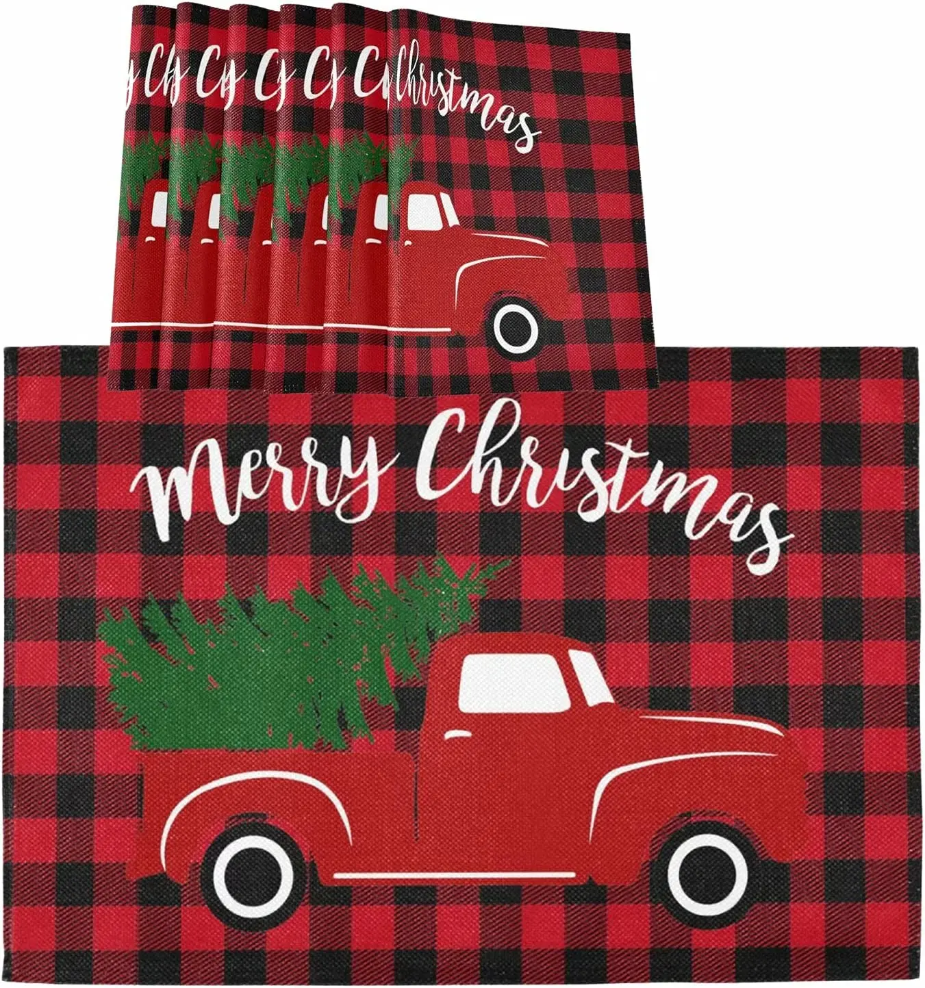 

Merry Christmas Tree Red Truck Placemats Set of 4 Table Mat Winter Snowman Buffalo Plaid Place Mat Double Sided Print