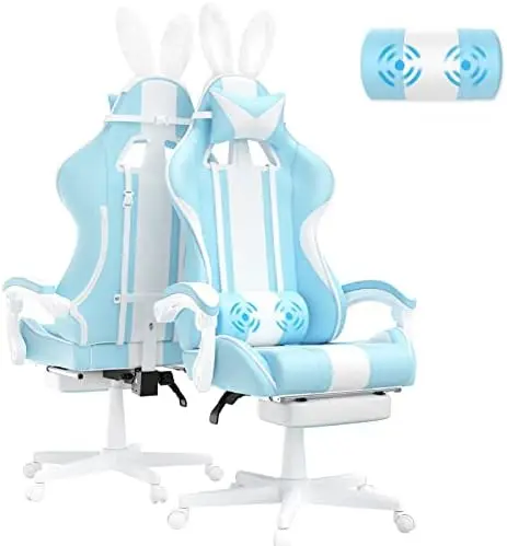 

POPTOP Light Blue Gaming Chair with Bunny Ear, Cute Massage Gaming Chairs for Adults & Teens, Office PC Gamer Chair with Footres
