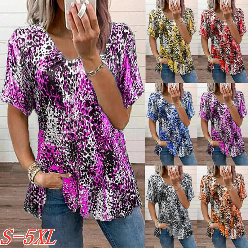 

2022 Summer Women's New T-Shirt Fashion Women's Leopard Print Short Sleeve V-Neck Pleated Zou Top T-Shirt Oversized T Shirt