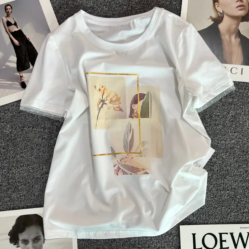 

Sandro Rivers White Cotton Oil Painting Print T-shirt Womens Summer Short Sleeve Niche Design Sense Patchwork Classy Tops